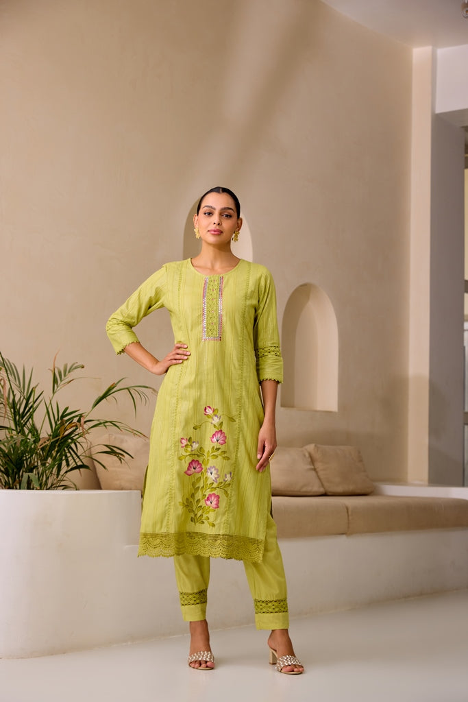 Neerus Green embroidered straight kurta set with trouser and dupatta - detail view 3