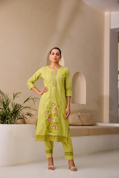 Neerus M Green Straight Embroidery Kurta And Trousers With Dupatta