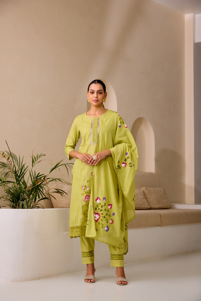 Neerus Green embroidered straight kurta set with trouser and dupatta - front view