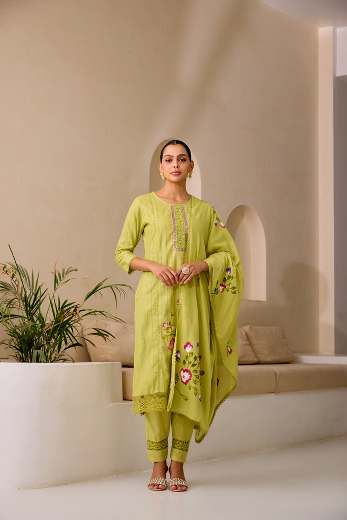 Neerus Green embroidered straight kurta set with trouser and dupatta - detail view 4