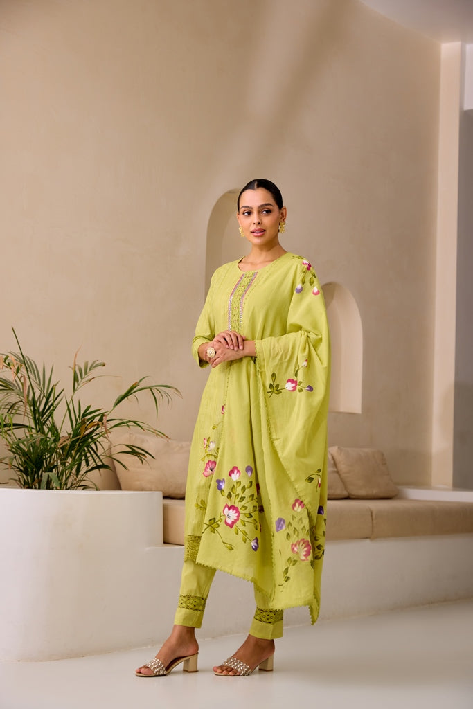 Neerus M Green Straight Embroidery Kurta And Trousers With Dupatta
