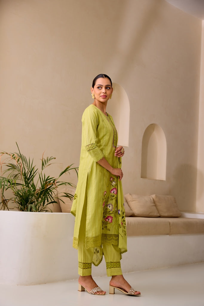 Neerus Green embroidered straight kurta set with trouser and dupatta - back view