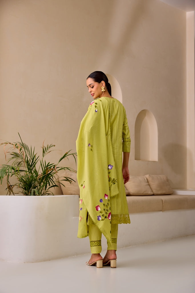 Neerus M Green Straight Embroidery Kurta And Trousers With Dupatta