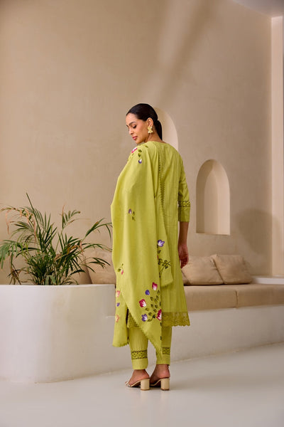 Neerus M Green Straight Embroidery Kurta And Trousers With Dupatta