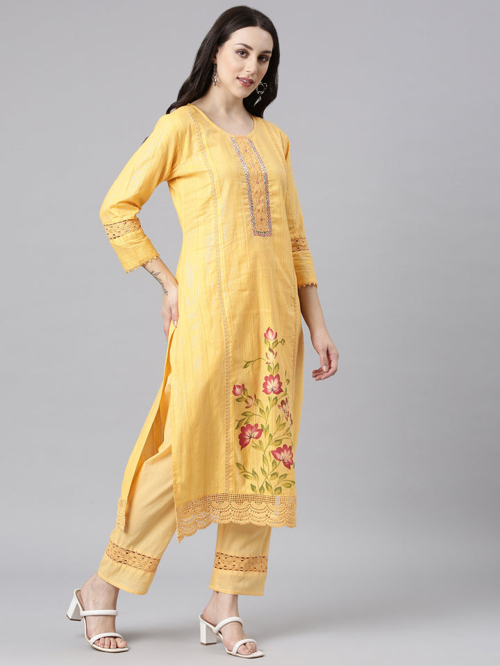 Neerus Orange Panelled Straight Kurta and Trousers With Dupatta