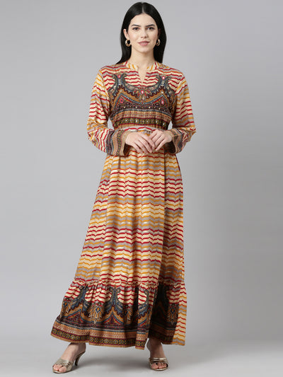 Neerus Mustard Straight Casual Printed Gown