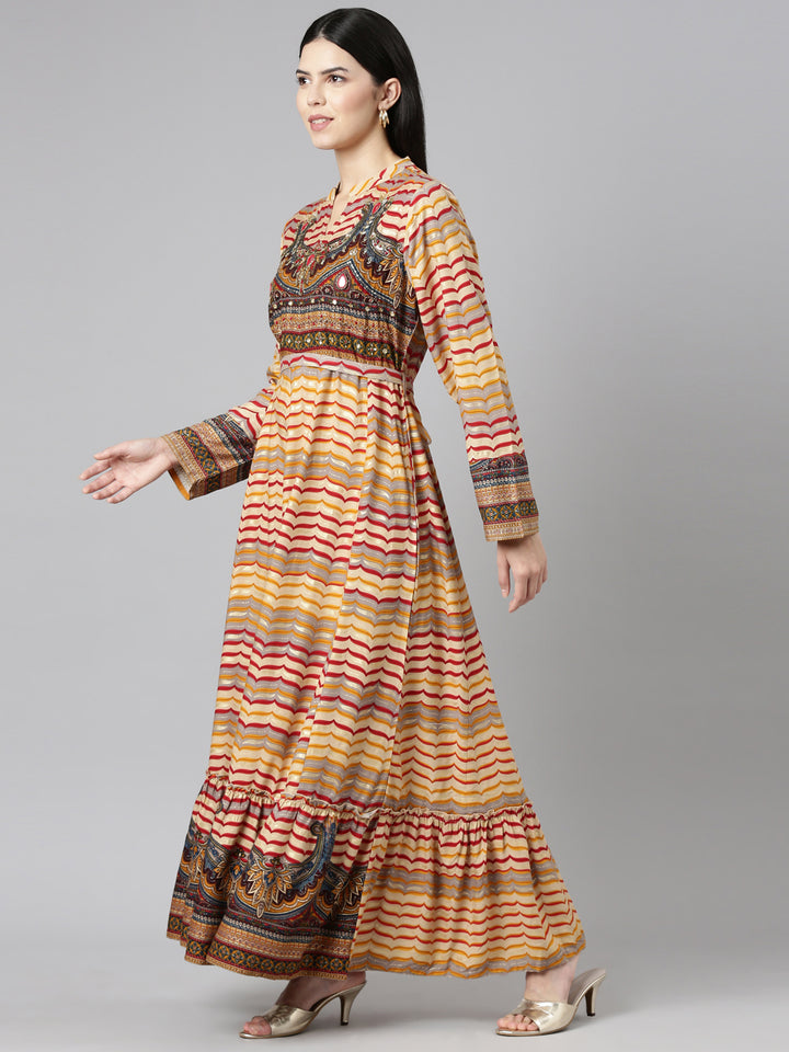 Neerus Mustard Straight Casual Printed Dress