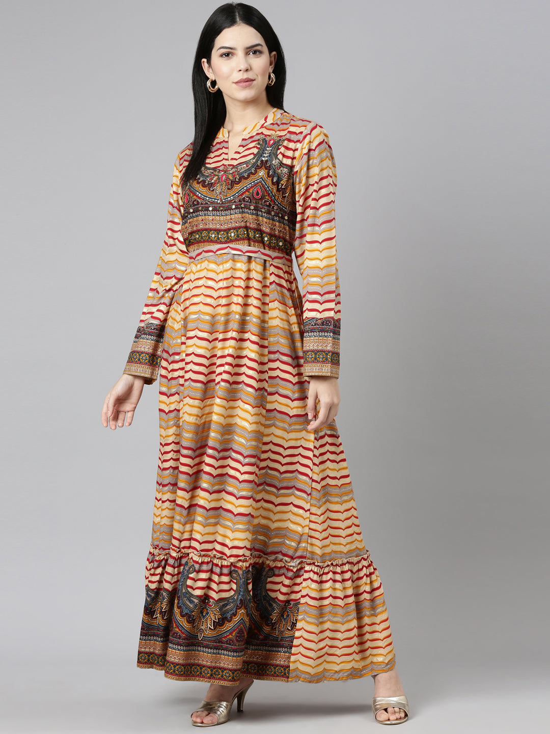 Neerus Mustard Straight Casual Printed Gown