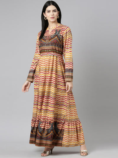 Neerus Mustard Straight Casual Printed Gown