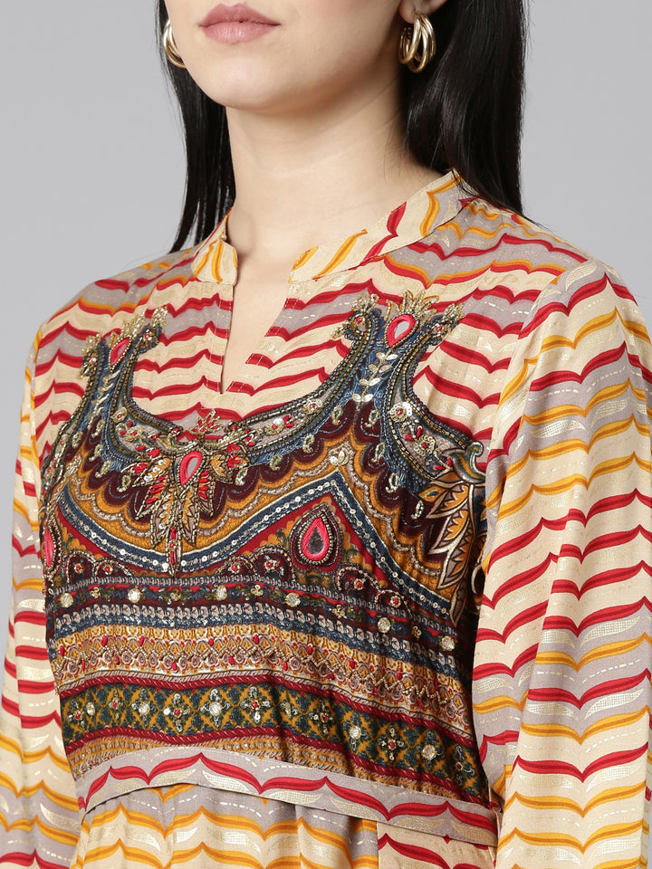 Neerus Mustard Straight Casual Printed Dress