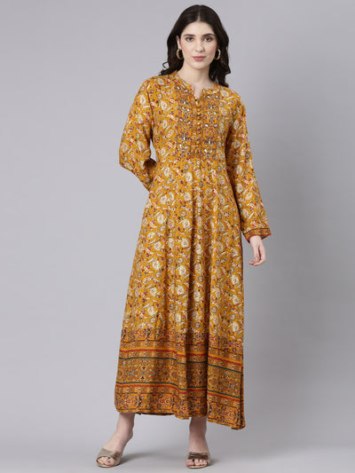 Neeru's Mustard Straight Casual Printed Maxi Dresses