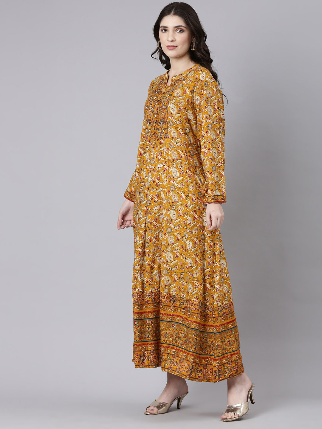 Neeru's Mustard Straight Casual Printed Maxi Dresses