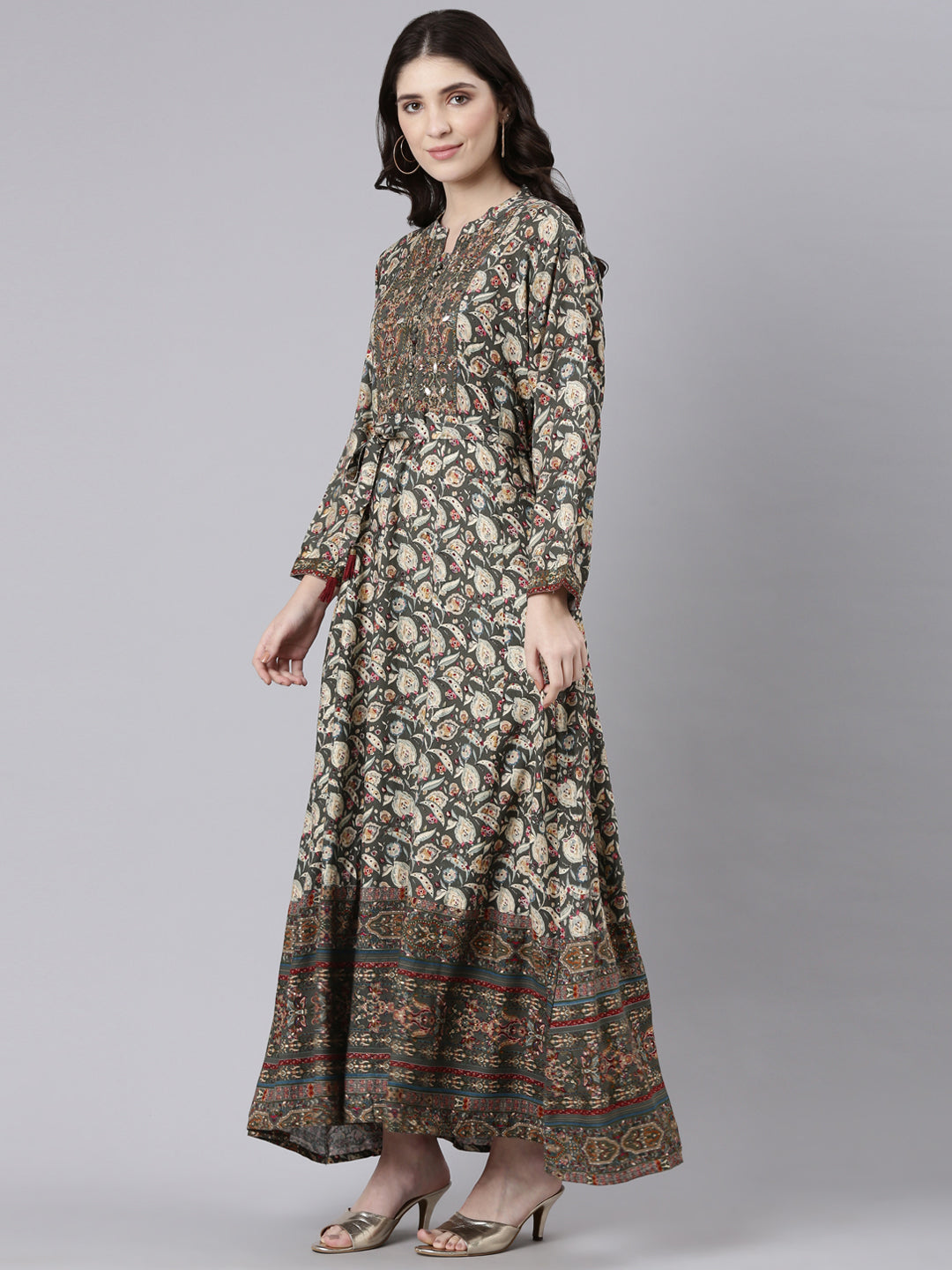 Neeru's Olive Straight Casual Printed Maxi Dresses