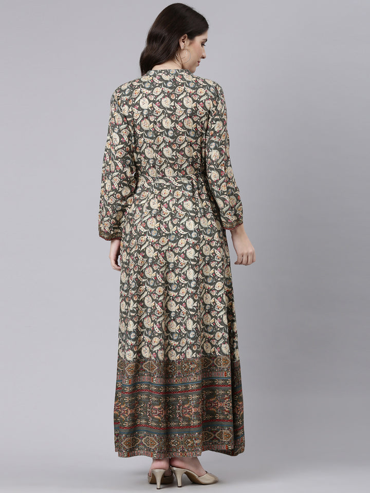 Neerus Olive Straight Casual Printed Maxi Dresses