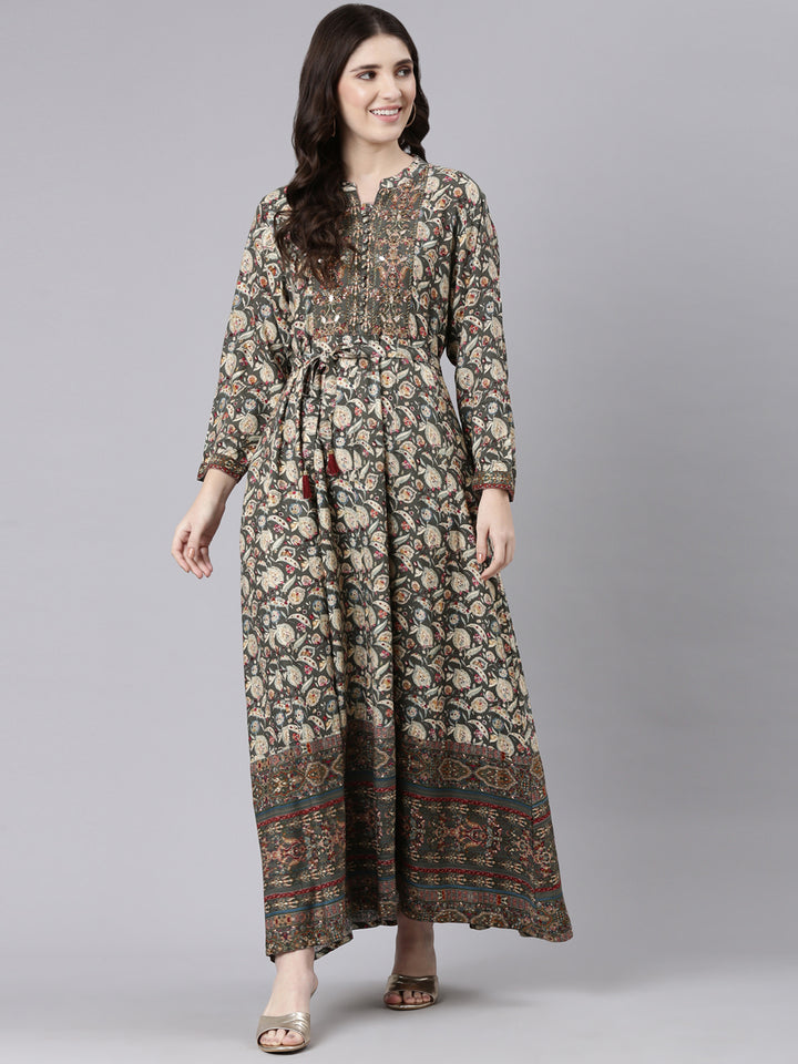 Neerus Olive Straight Casual Printed Maxi Dresses