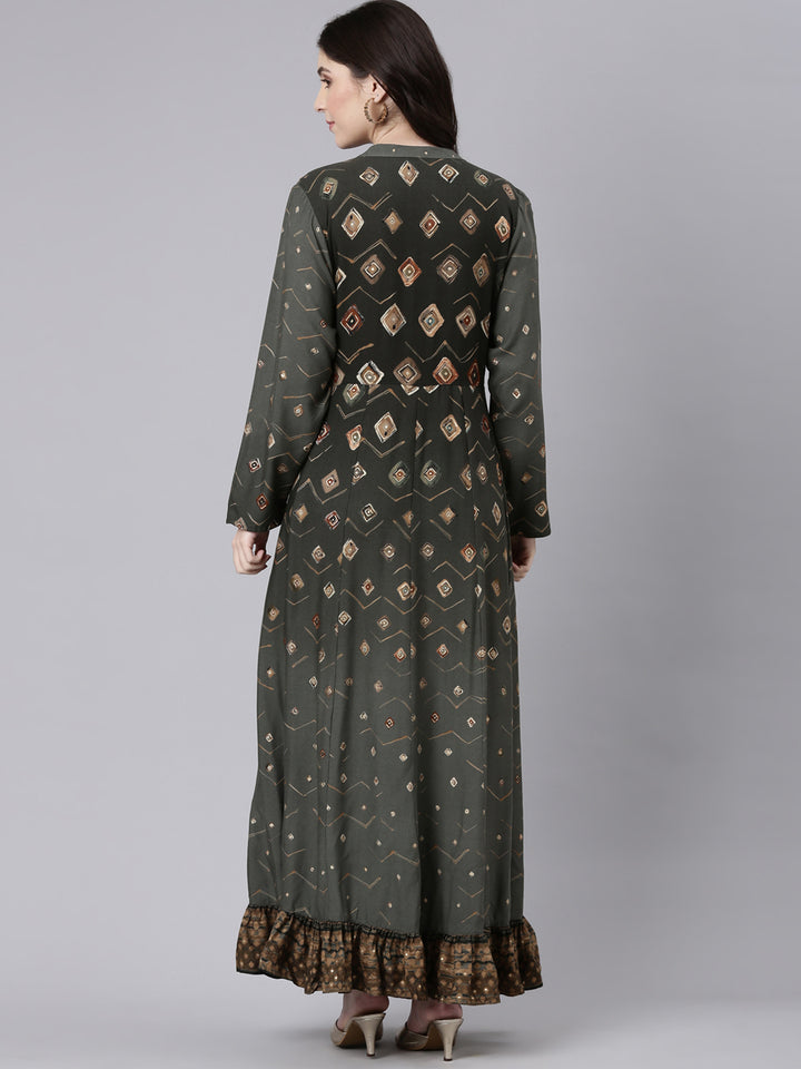 Neerus Olive Straight Casual Printed Maxi Dresses