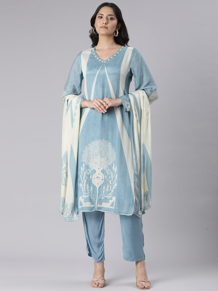 Neerus Blue Solid Straight Kurta and Trousers With Dupatta