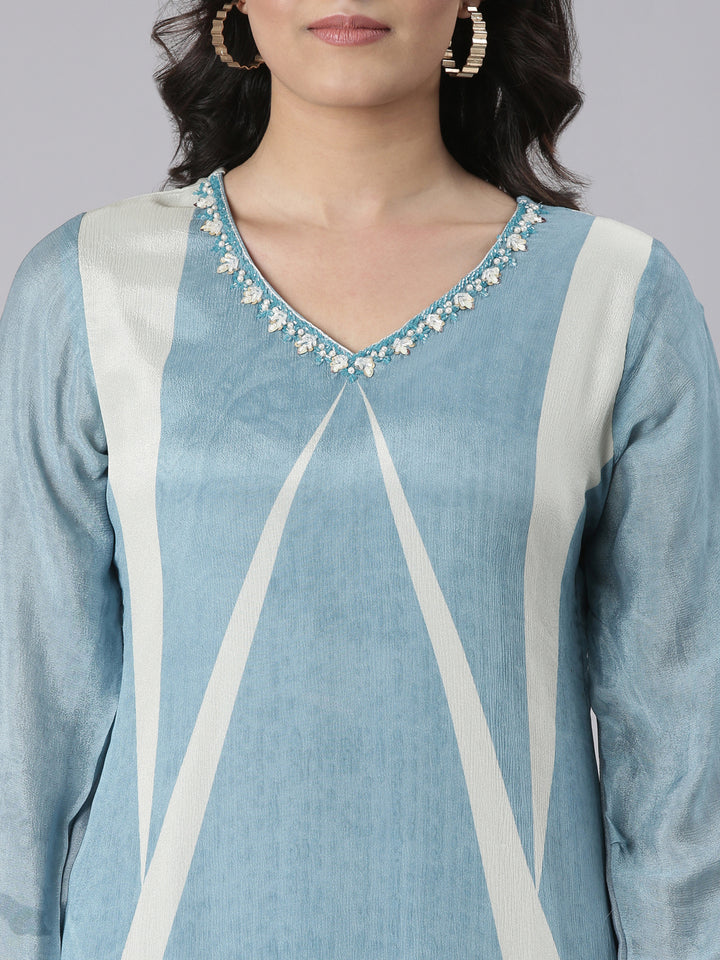 Neerus Blue Solid Straight Kurta and Trousers With Dupatta