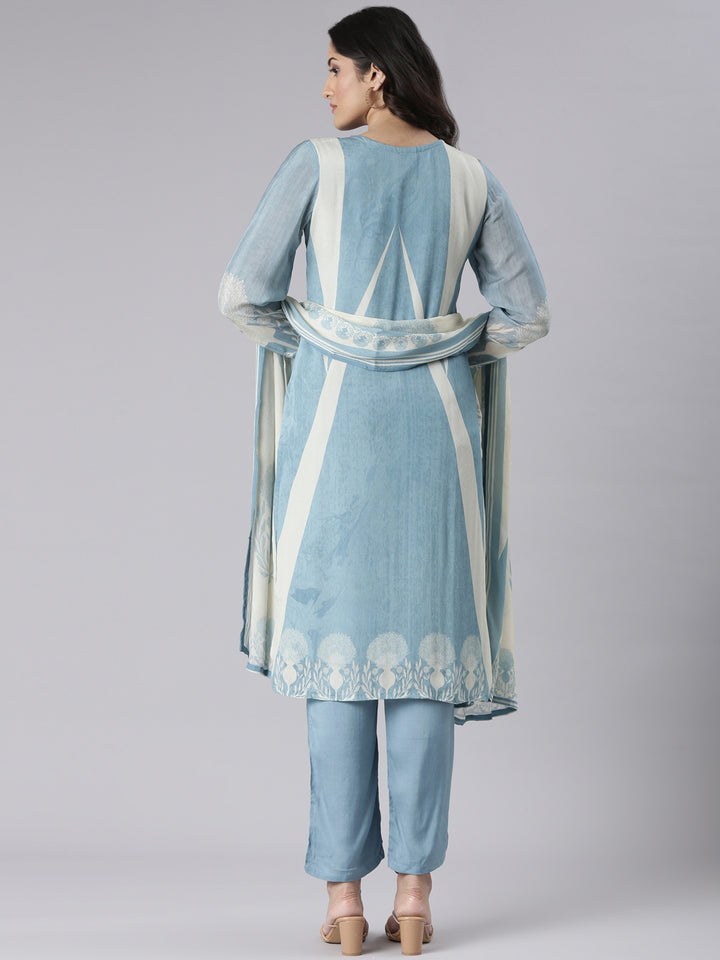 Neerus Blue Solid Straight Kurta and Trousers With Dupatta