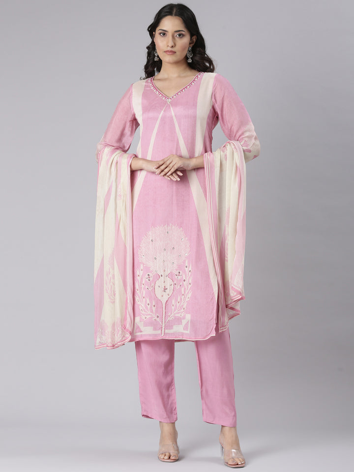 Neerus Pink Solid Straight Kurta and Trousers With Dupatta