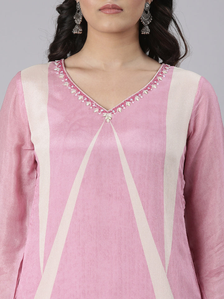 Neerus Pink Solid Straight Kurta and Trousers With Dupatta