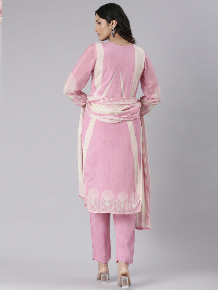 Neerus Pink Solid Straight Kurta and Trousers With Dupatta