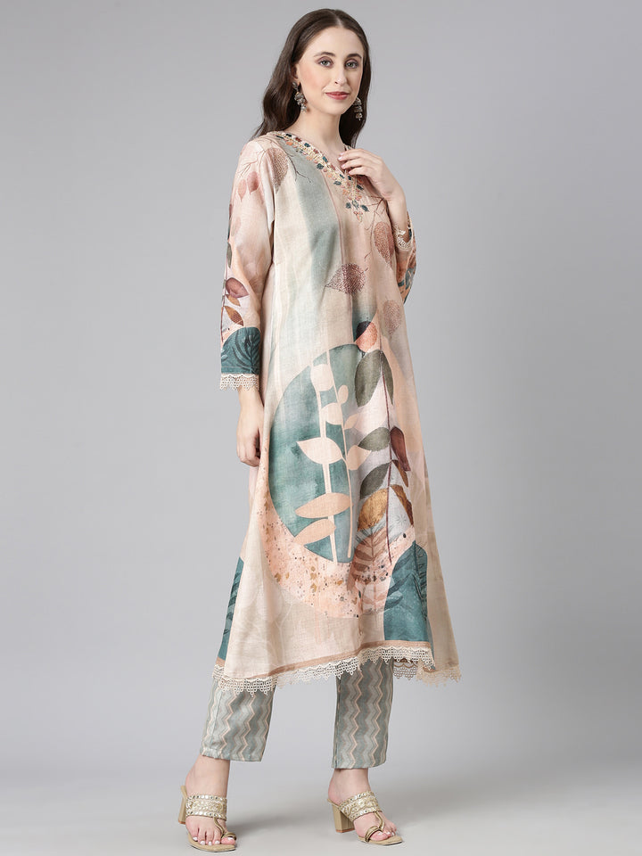 Neerus Peach Printed Straight Kurta and Trousers With Dupatta