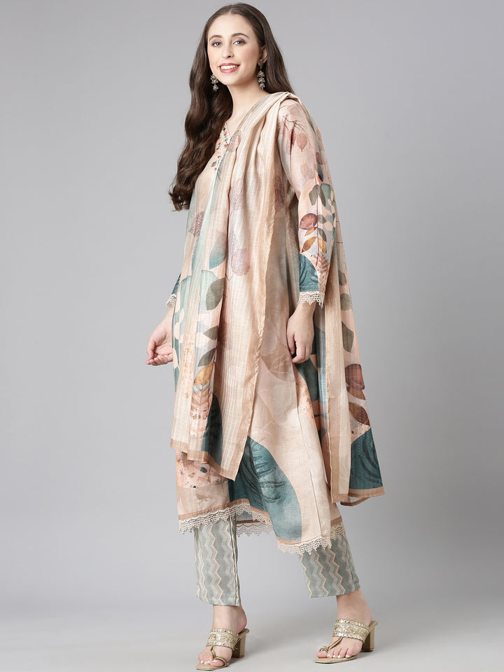 Neerus Peach Printed Straight Kurta and Trousers With Dupatta