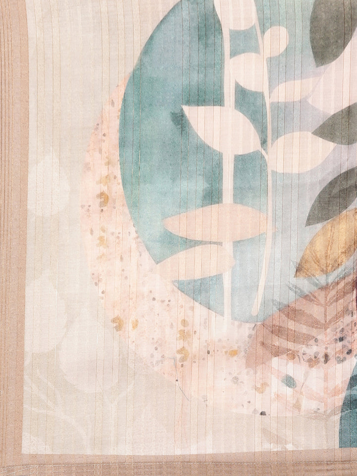 Neerus Peach Printed Straight Kurta and Trousers With Dupatta