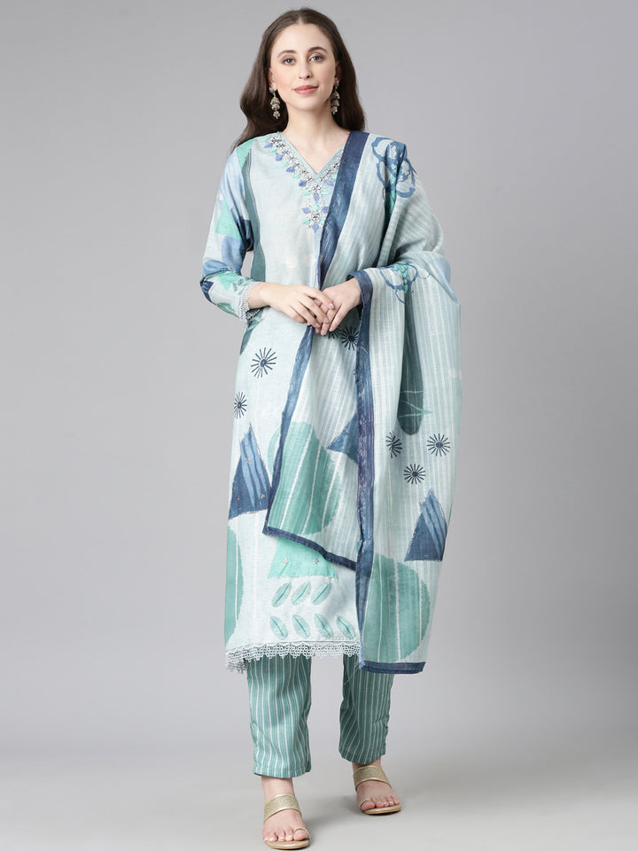 Neerus Grey Printed Straight Kurta and Trousers With Dupatta
