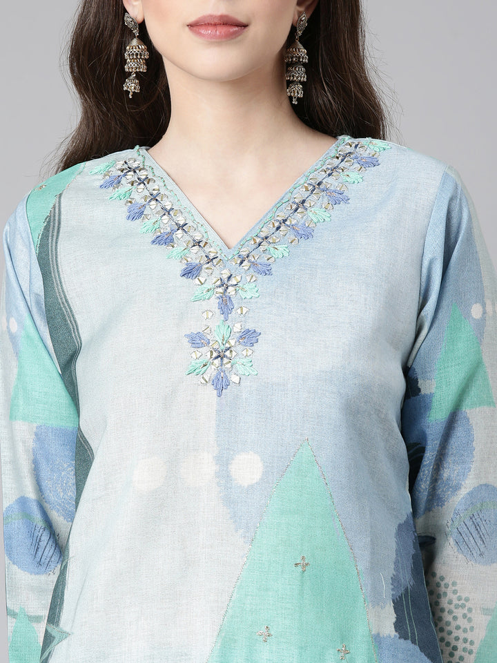 Neerus Grey Printed Straight Kurta and Trousers With Dupatta