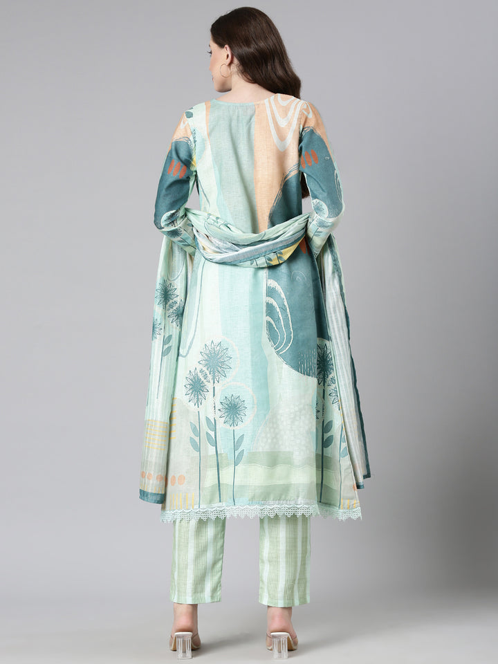 Neerus Sea Green Solid Straight Kurta and Trousers With Dupatta