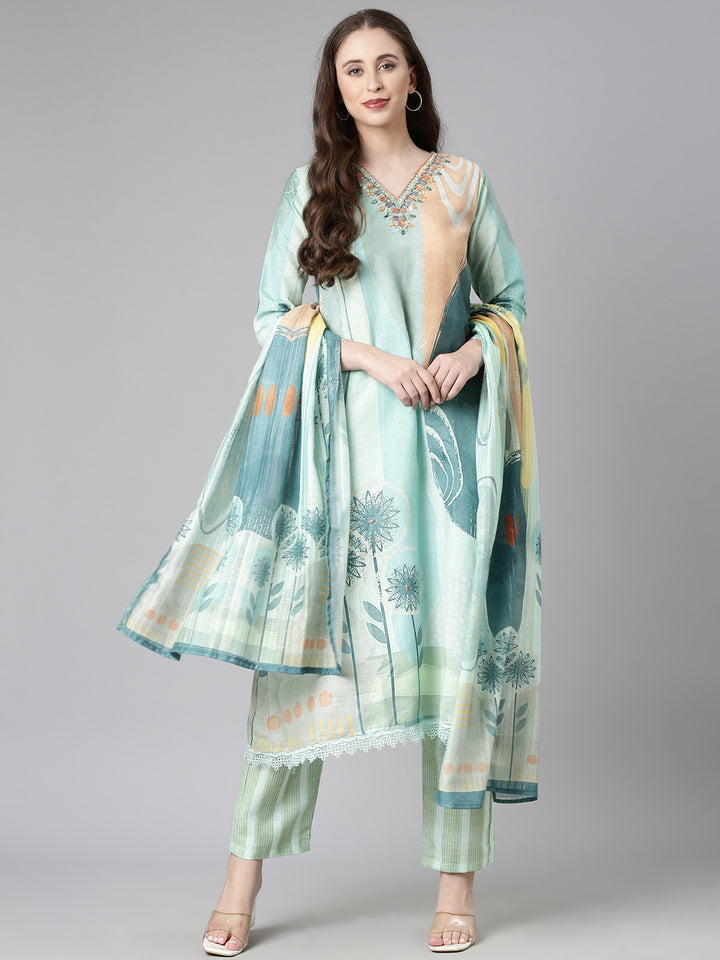 Neerus Sea Green Solid Straight Kurta and Trousers With Dupatta