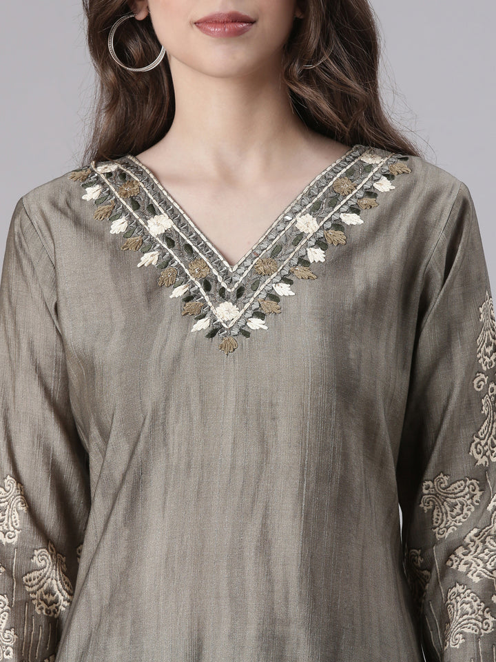 Neerus Grey Printed Straight Kurta and Trousers With Dupatta