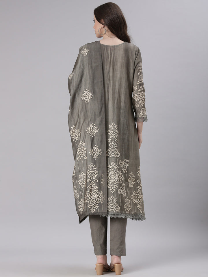 Neerus Grey Printed Straight Kurta and Trousers With Dupatta