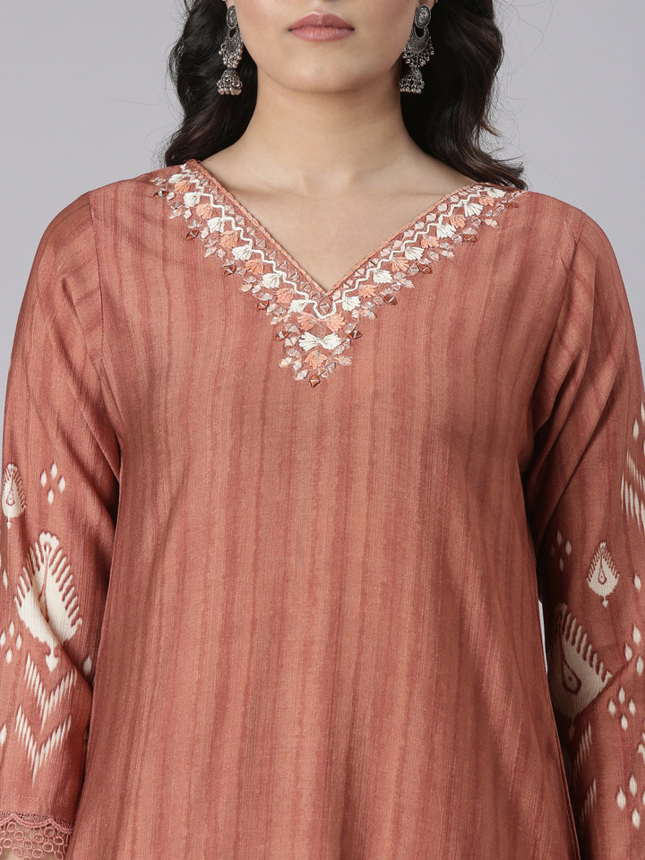 Neerus Rust Solid Straight Kurta and Trousers With Dupatta