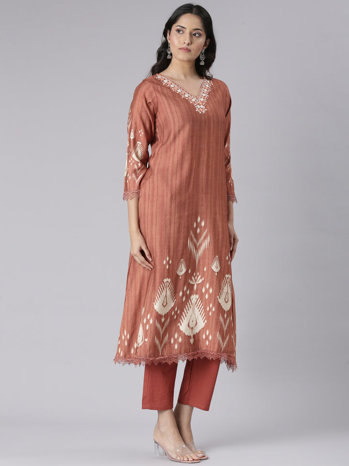 Neerus Rust Solid Straight Kurta and Trousers With Dupatta