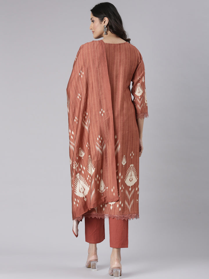 Neerus Rust Solid Straight Kurta and Trousers With Dupatta