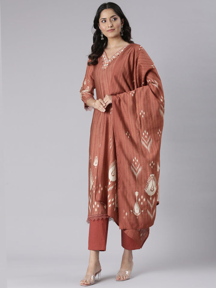 Neerus Rust Solid Straight Kurta and Trousers With Dupatta