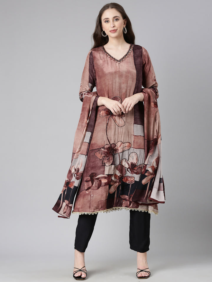 Neerus Brown Solid Straight Kurta and Trousers With Dupatta