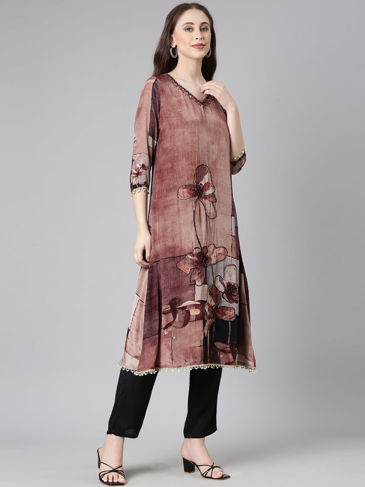Neerus Brown Solid Straight Kurta and Trousers With Dupatta