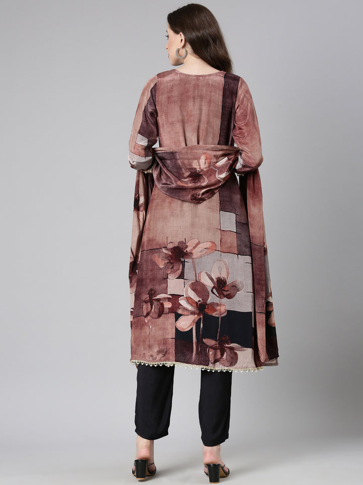 Neerus Brown Solid Straight Kurta and Trousers With Dupatta