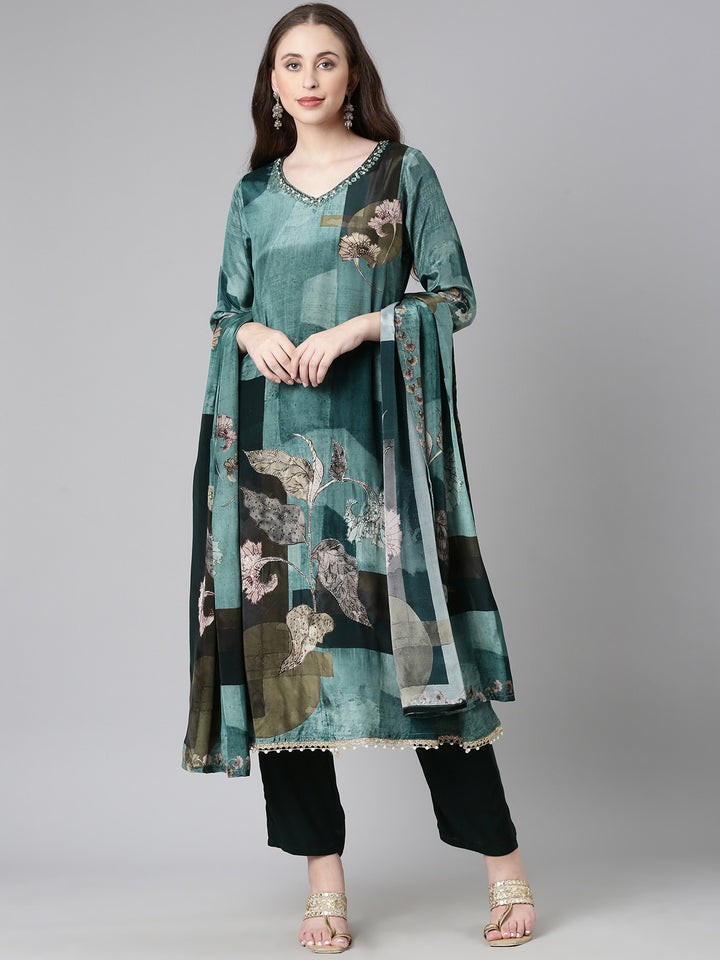 Neerus Green Solid Straight Kurta and Trousers With Dupatta