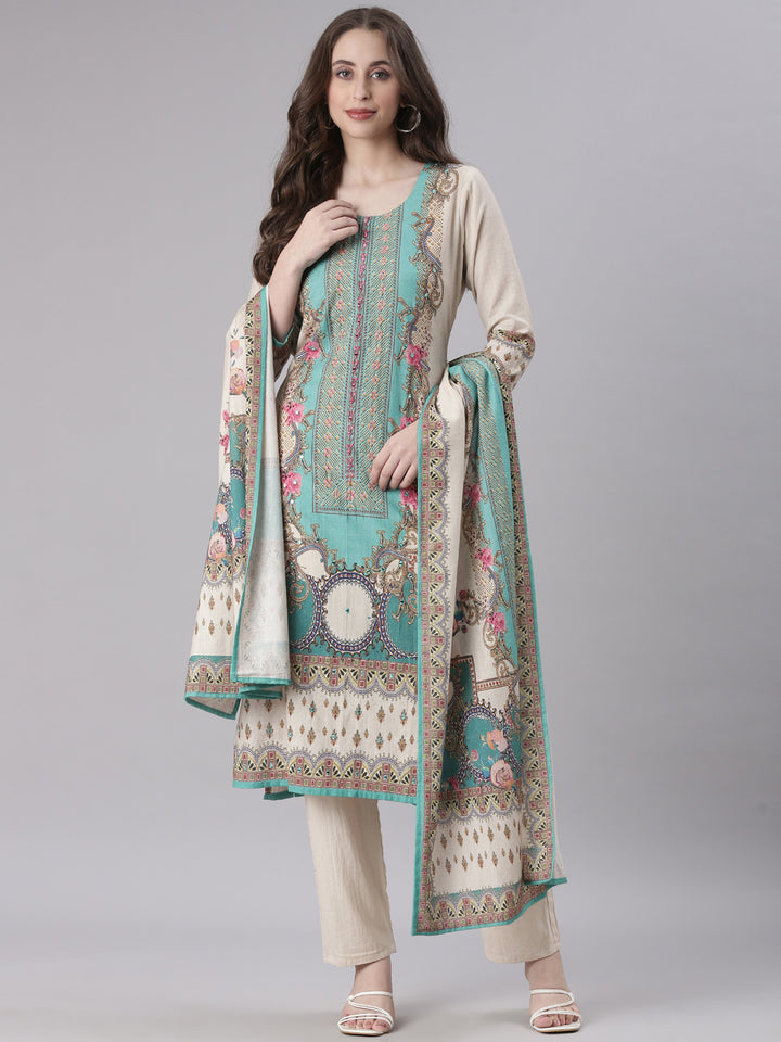 Neerus Beige Printed Straight Kurta and Trousers With Dupatta