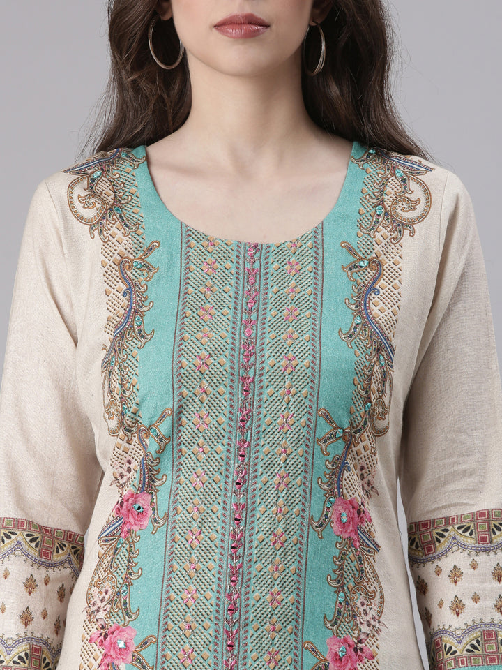 Neerus Beige Printed Straight Kurta and Trousers With Dupatta