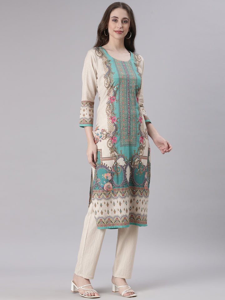 Neerus Beige Printed Straight Kurta and Trousers With Dupatta
