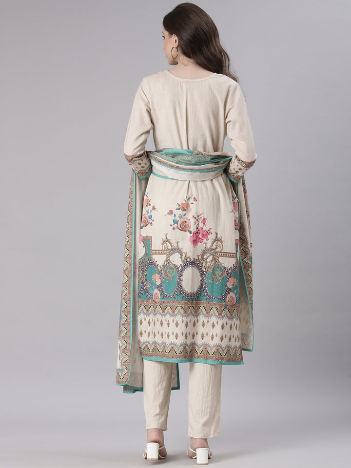 Neerus Beige Printed Straight Kurta and Trousers With Dupatta