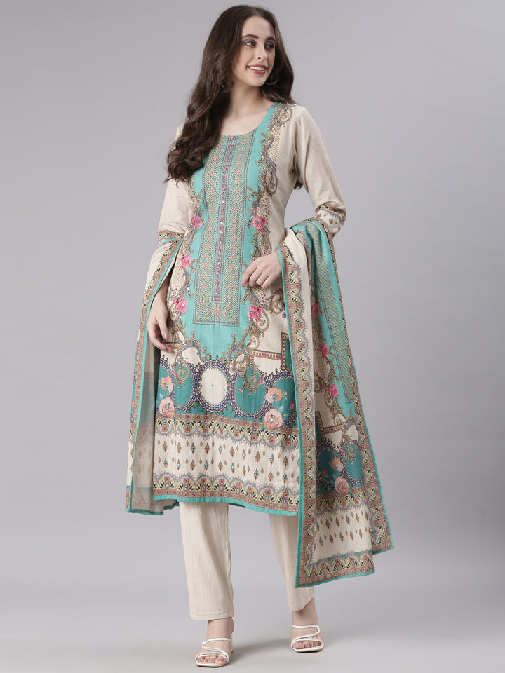 Neerus Beige Printed Straight Kurta and Trousers With Dupatta