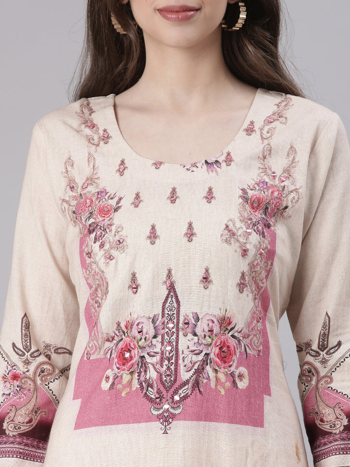 Neerus Cream Printed Straight Kurta and Trousers With Dupatta