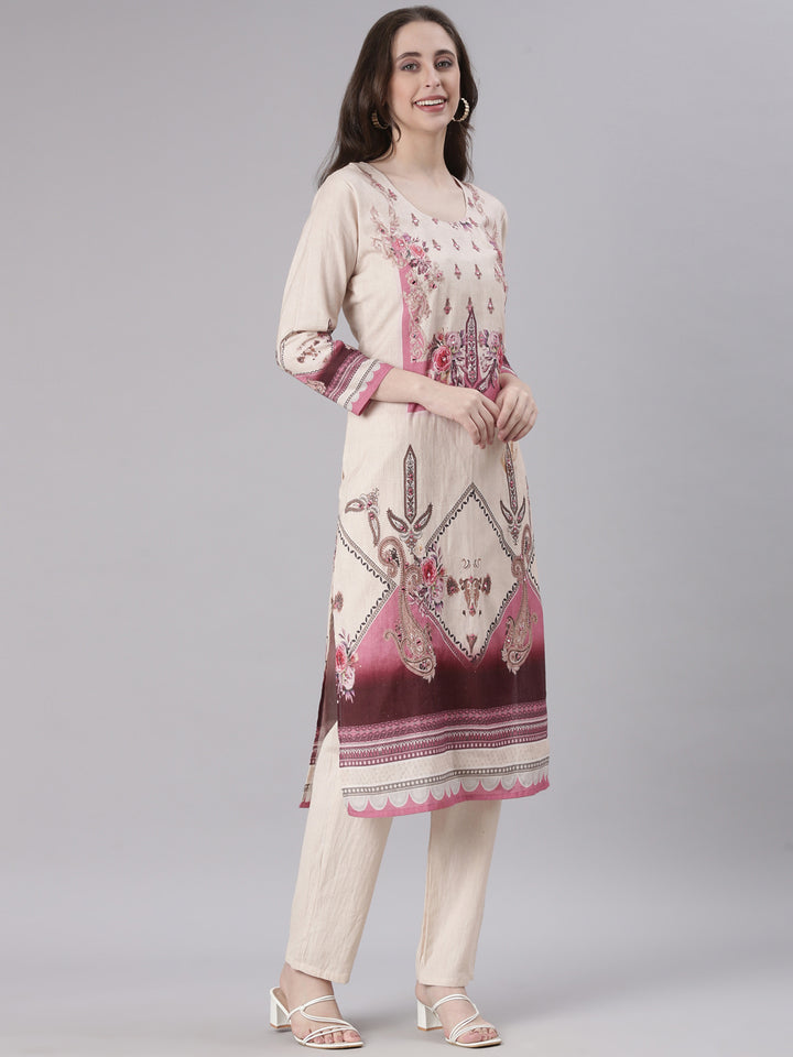 Neerus Cream Printed Straight Kurta and Trousers With Dupatta